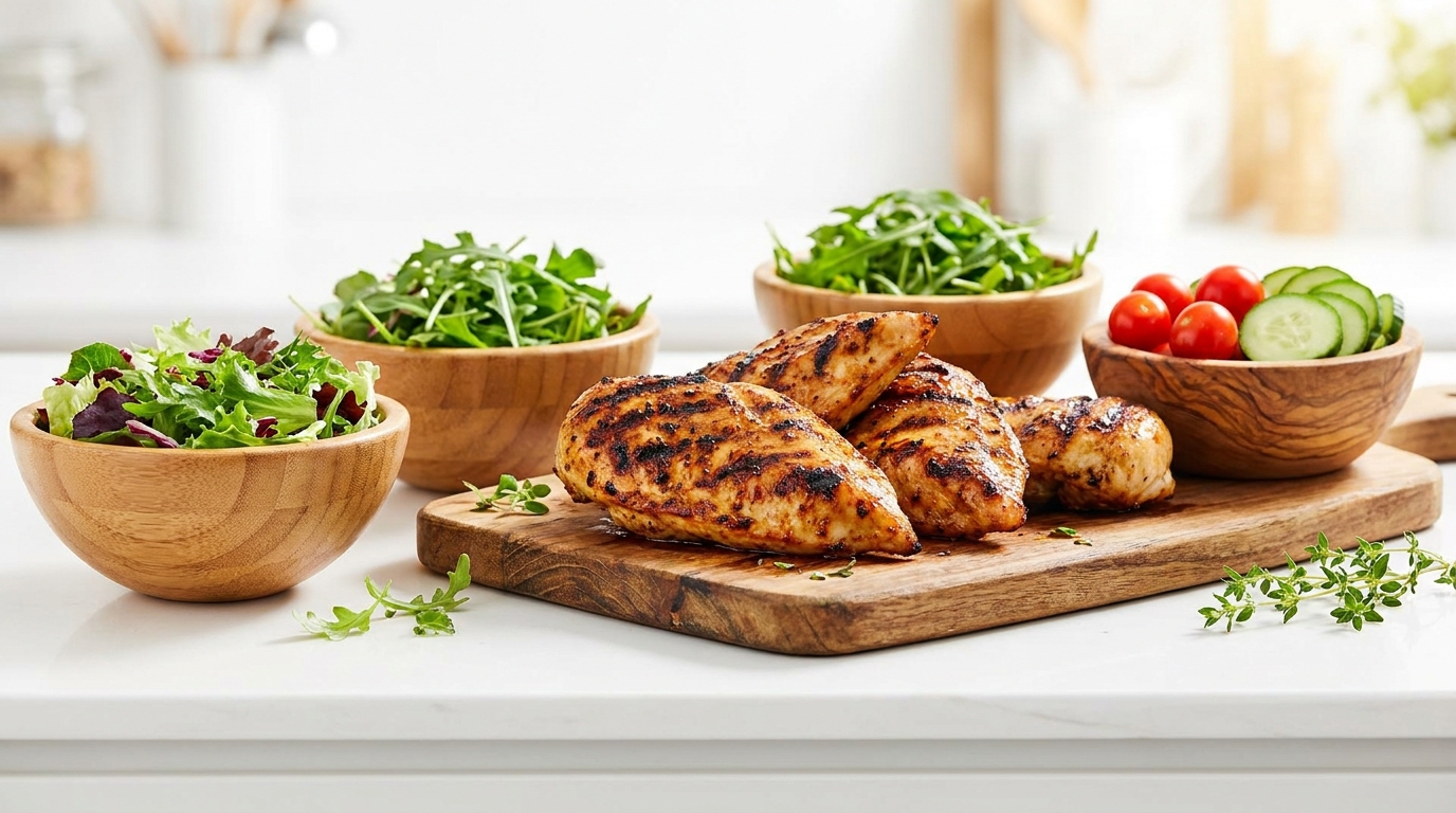 Immersive food band showing Cheekies chicken meals and ingredients in a vibrant overhead scene