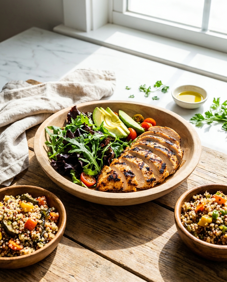 Lifestyle scene showing convenient healthy chicken meal prep at home